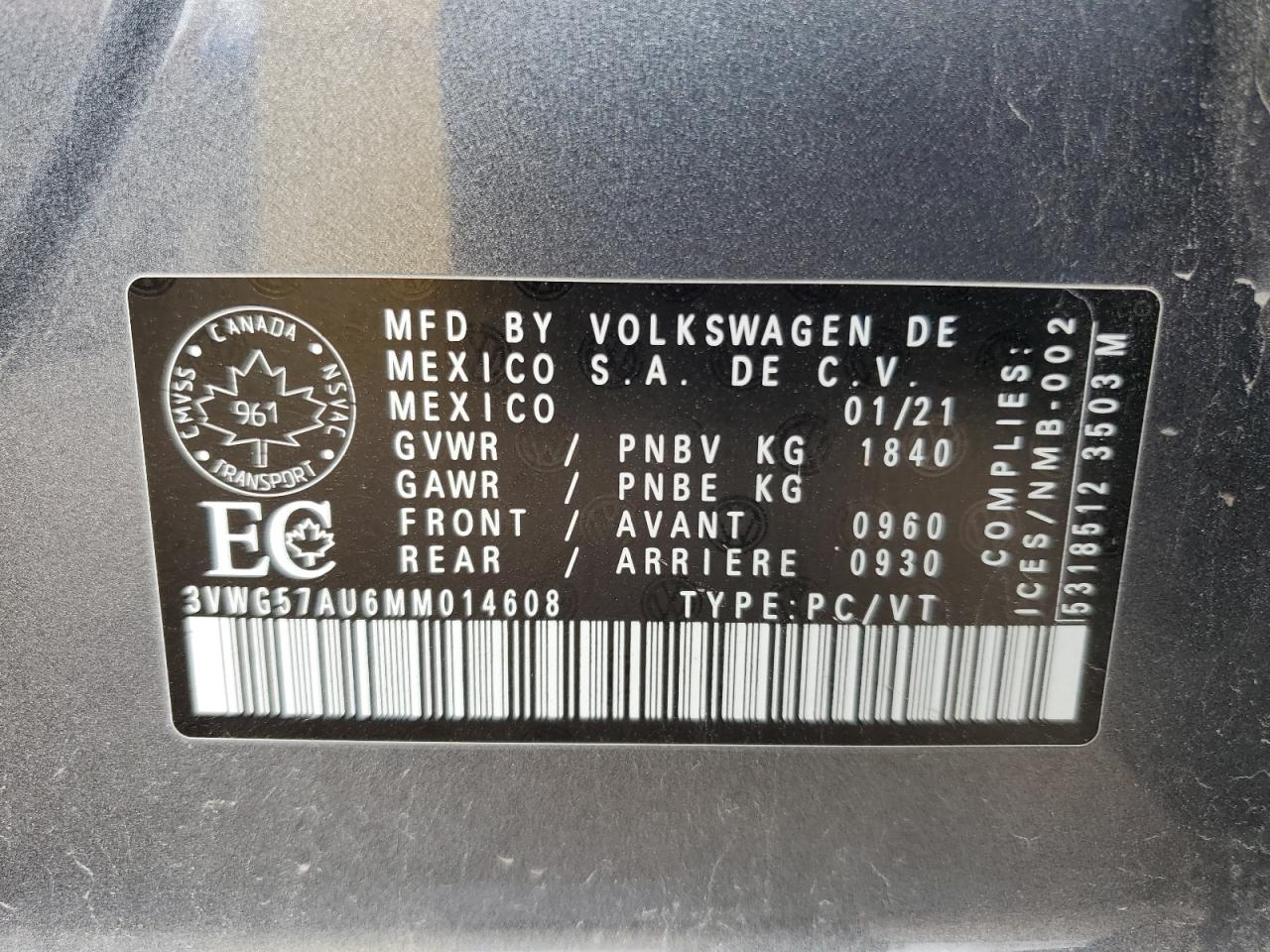 2021 Volkswagen Golf VIN: 3VWG57AU6MM014608 Lot: 74211094