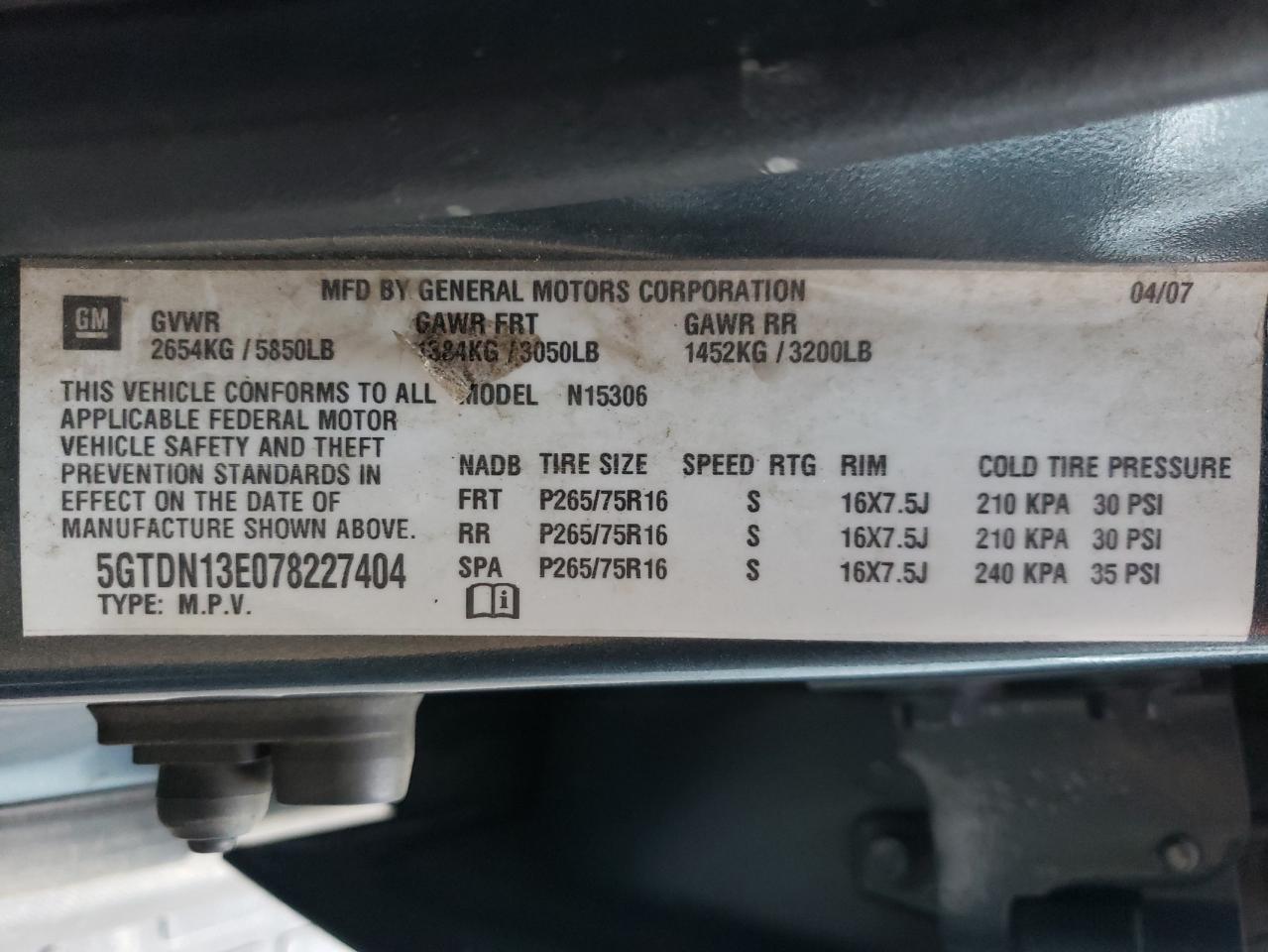 2007 Hummer H3 VIN: 5GTDN13E078227404 Lot: 78412944