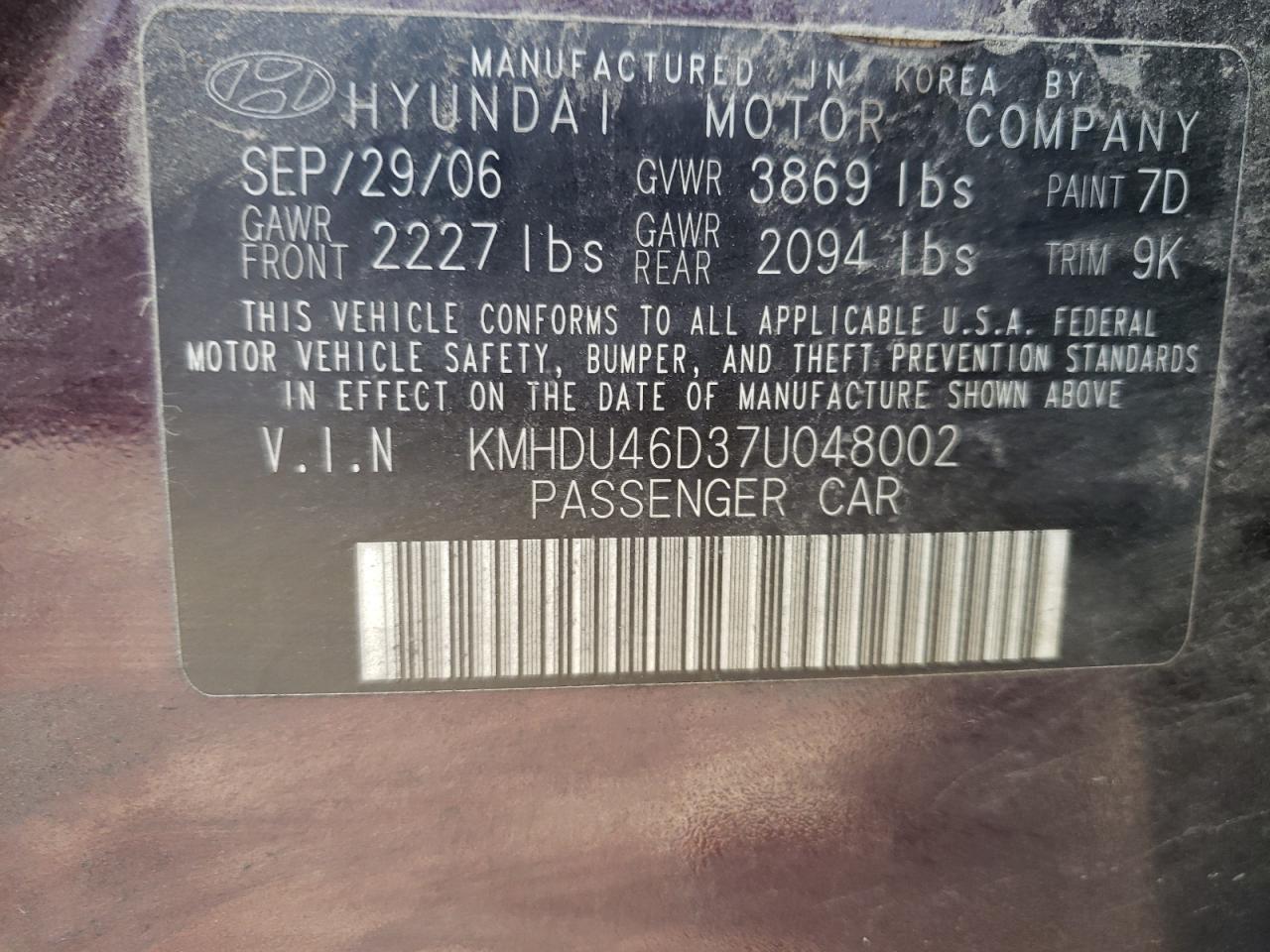 KMHDU46D37U048002 2007 Hyundai Elantra Gls