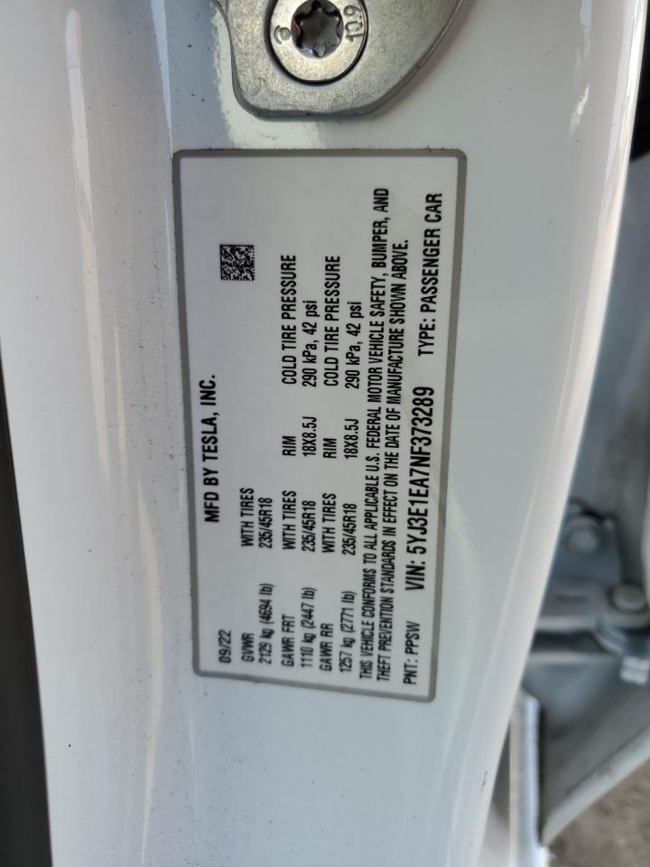 5YJ3E1EA7NF373289 2022 Tesla Model 3