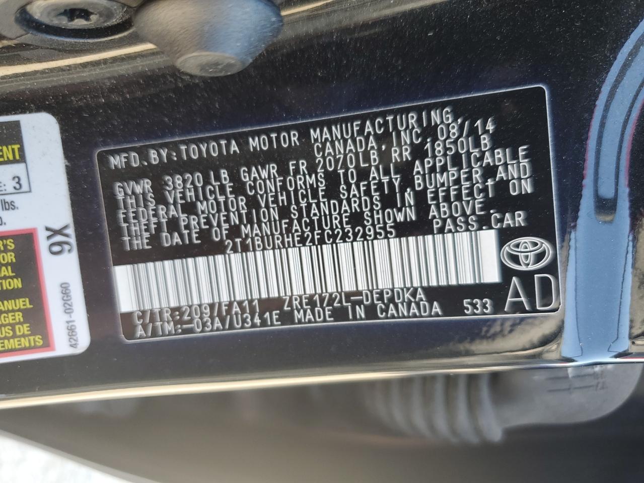 2015 Toyota Corolla L VIN: 2T1BURHE2FC232955 Lot: 75202894