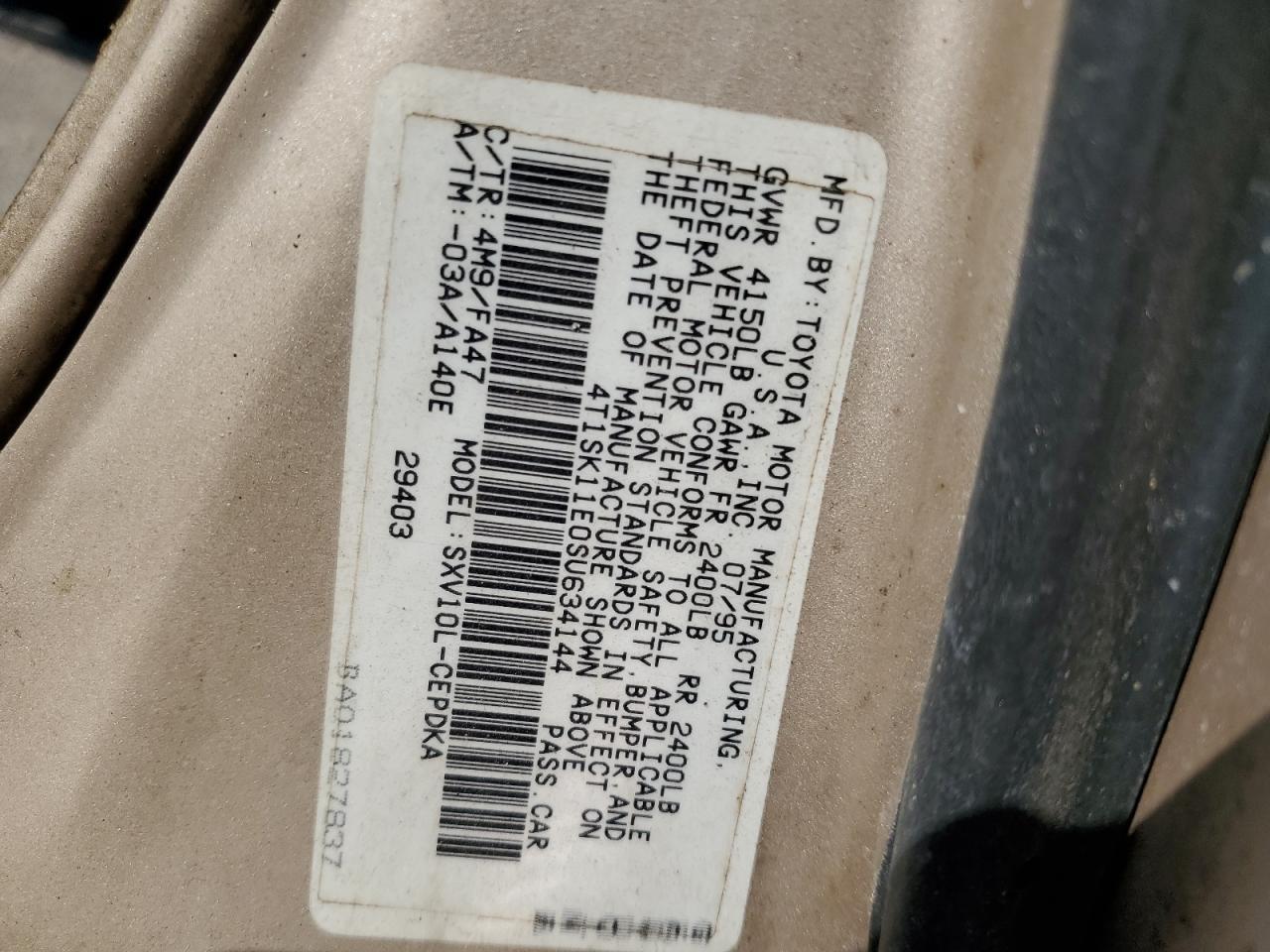 1995 Toyota Camry Dx VIN: 4T1SK11E0SU634144 Lot: 77469074