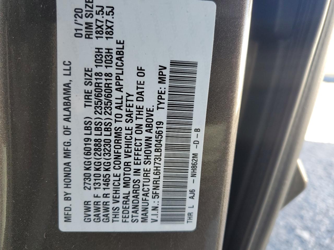 2020 Honda Odyssey Exl VIN: 5FNRL6H73LB045619 Lot: 75271154