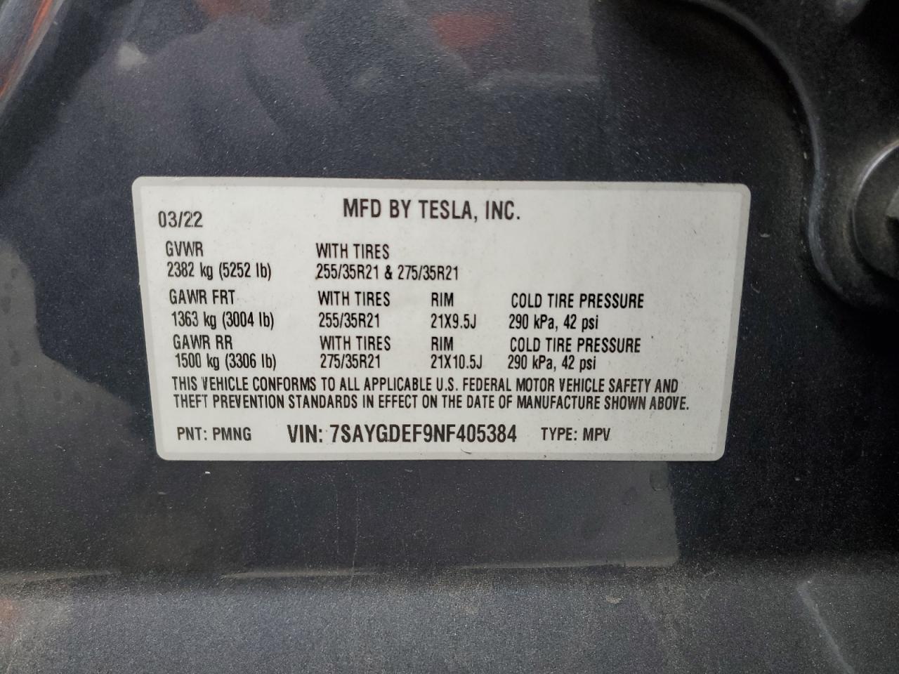 7SAYGDEF9NF405384 2022 Tesla Model Y