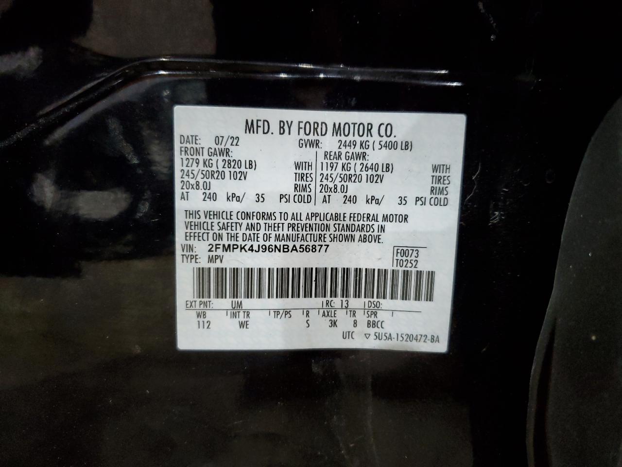 2022 Ford Edge Sel VIN: 2FMPK4J96NBA56877 Lot: 75697124