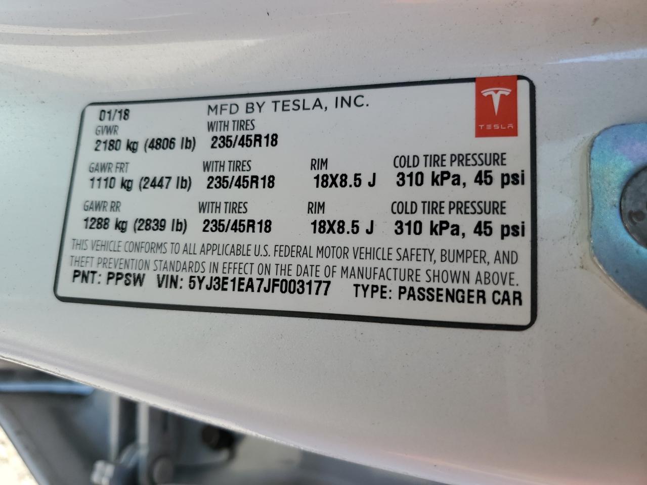 5YJ3E1EA7JF003177 2018 Tesla Model 3