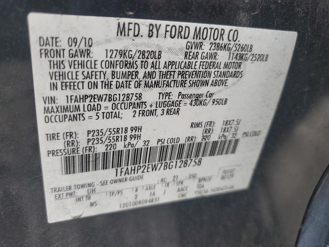 2011 Ford Taurus Sel VIN: 1FAHP2EW7BG128758 Lot: 74049644