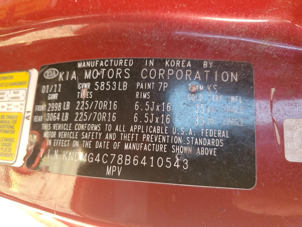 KNDMG4C78B6410543 2011 Kia Sedona Lx