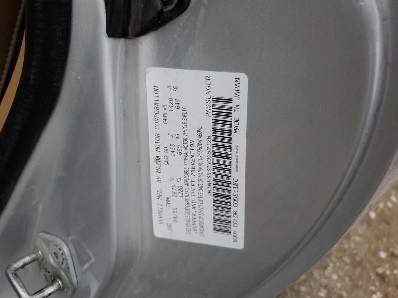 2000 Mazda Mx-5 Miata Base VIN: JM1NB3531Y0152126 Lot: 78198904