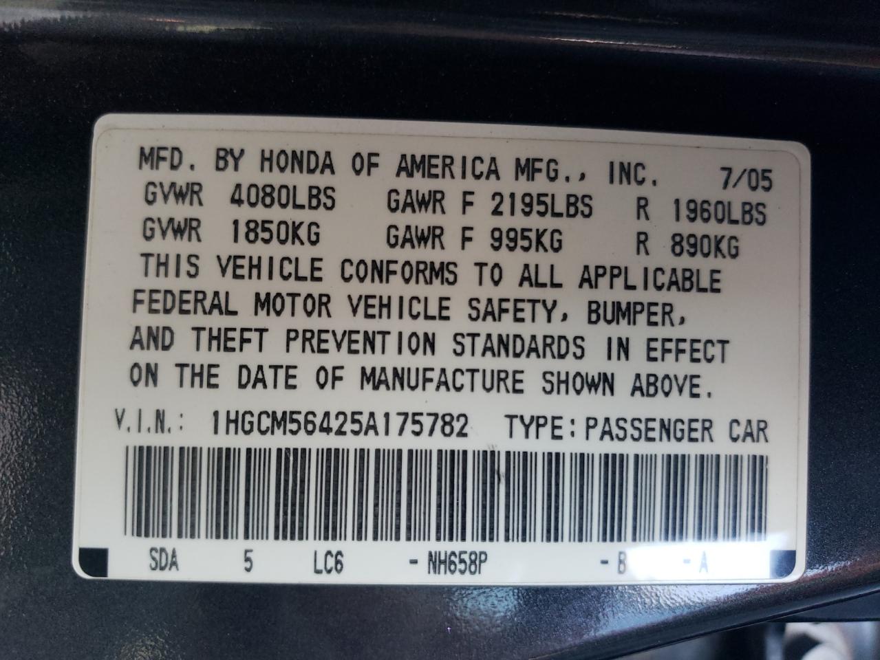 2005 Honda Accord Lx VIN: 1HGCM56425A175782 Lot: 75292254