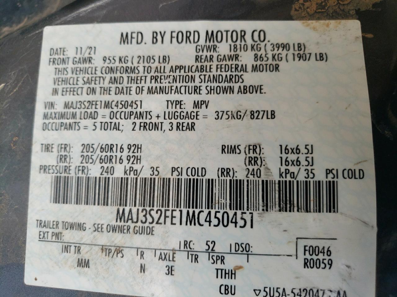 VIN MAJ3S2FE1MC450451 2021 FORD ECOSPORT no.13