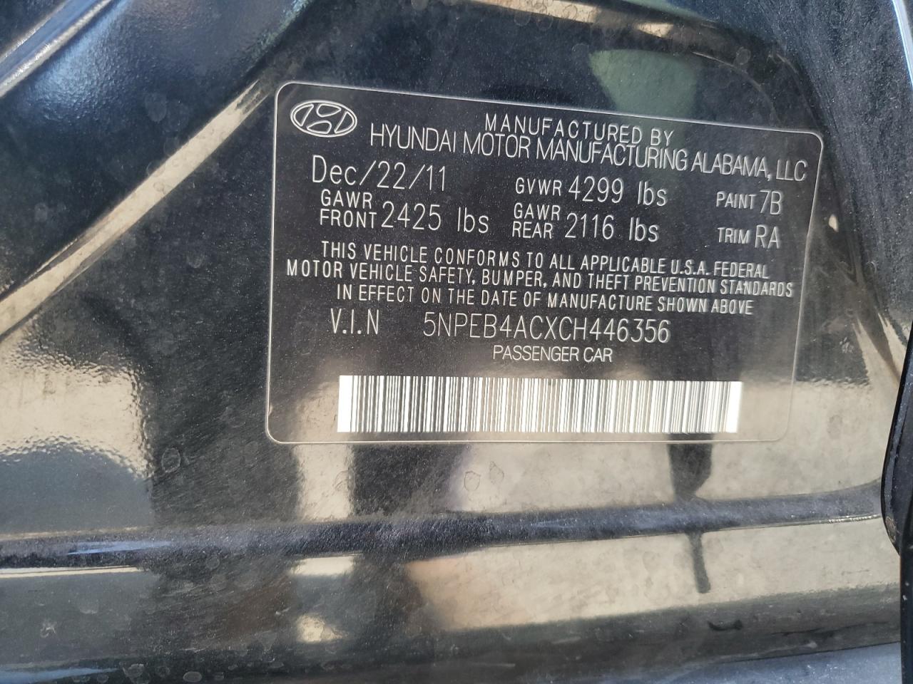 2012 Hyundai Sonata Gls VIN: 5NPEB4ACXCH446356 Lot: 74933684