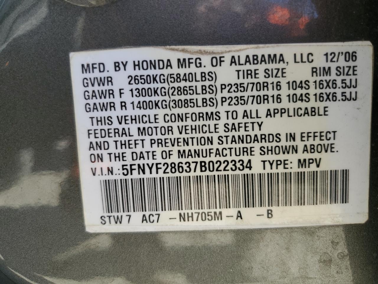 2007 Honda Pilot Exl VIN: 5FNYF28637B022334 Lot: 77032054