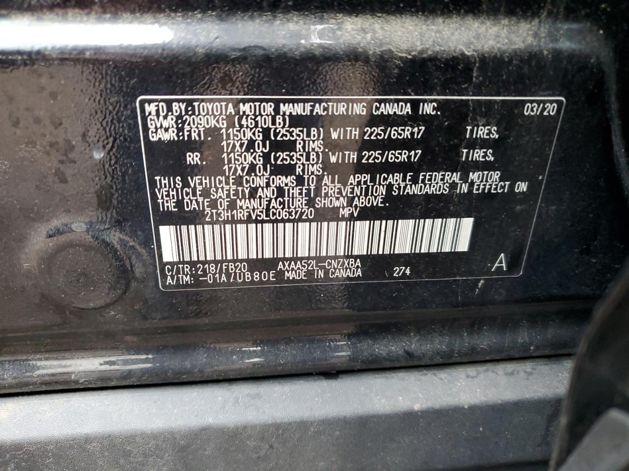 2020 Toyota Rav4 Le VIN: 2T3H1RFV5LC063720 Lot: 77943674