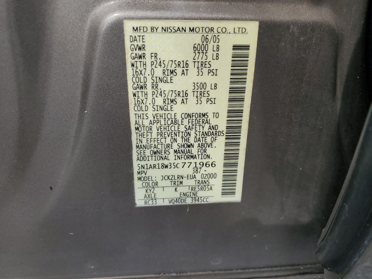 5N1AR18W35C771966 2005 Nissan Pathfinder Le