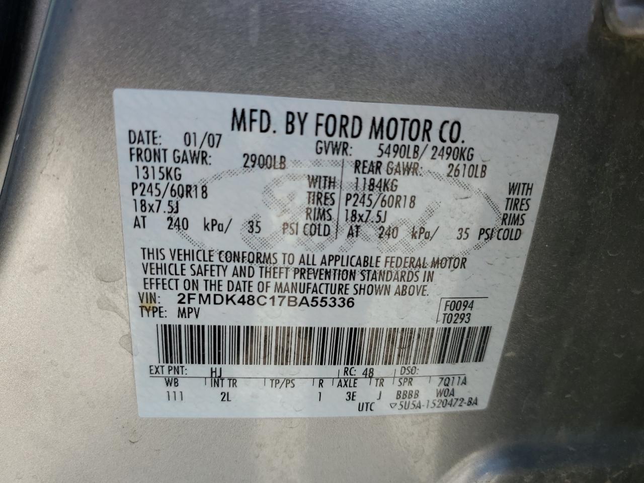 2FMDK48C17BA55336 2007 Ford Edge Sel