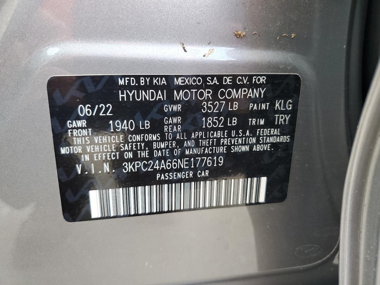 3KPC24A66NE177619 2022 Hyundai Accent Se