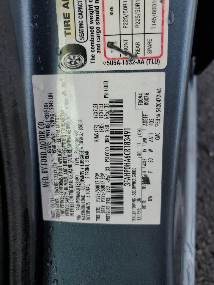 2012 Ford Fusion Se VIN: 3FAHP0HA6CR183491 Lot: 74475724