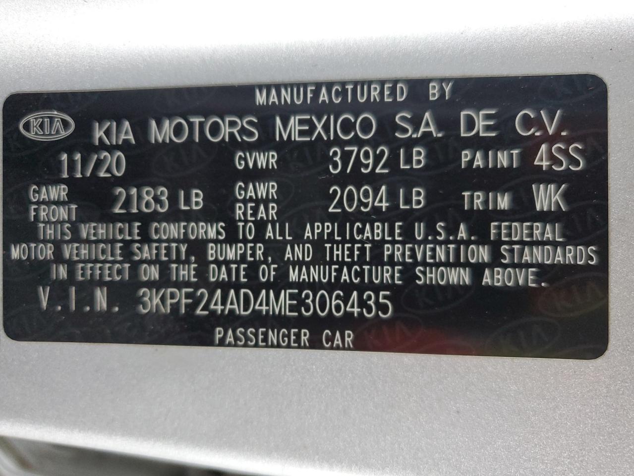 2021 Kia Forte Fe VIN: 3KPF24AD4ME306435 Lot: 78041884