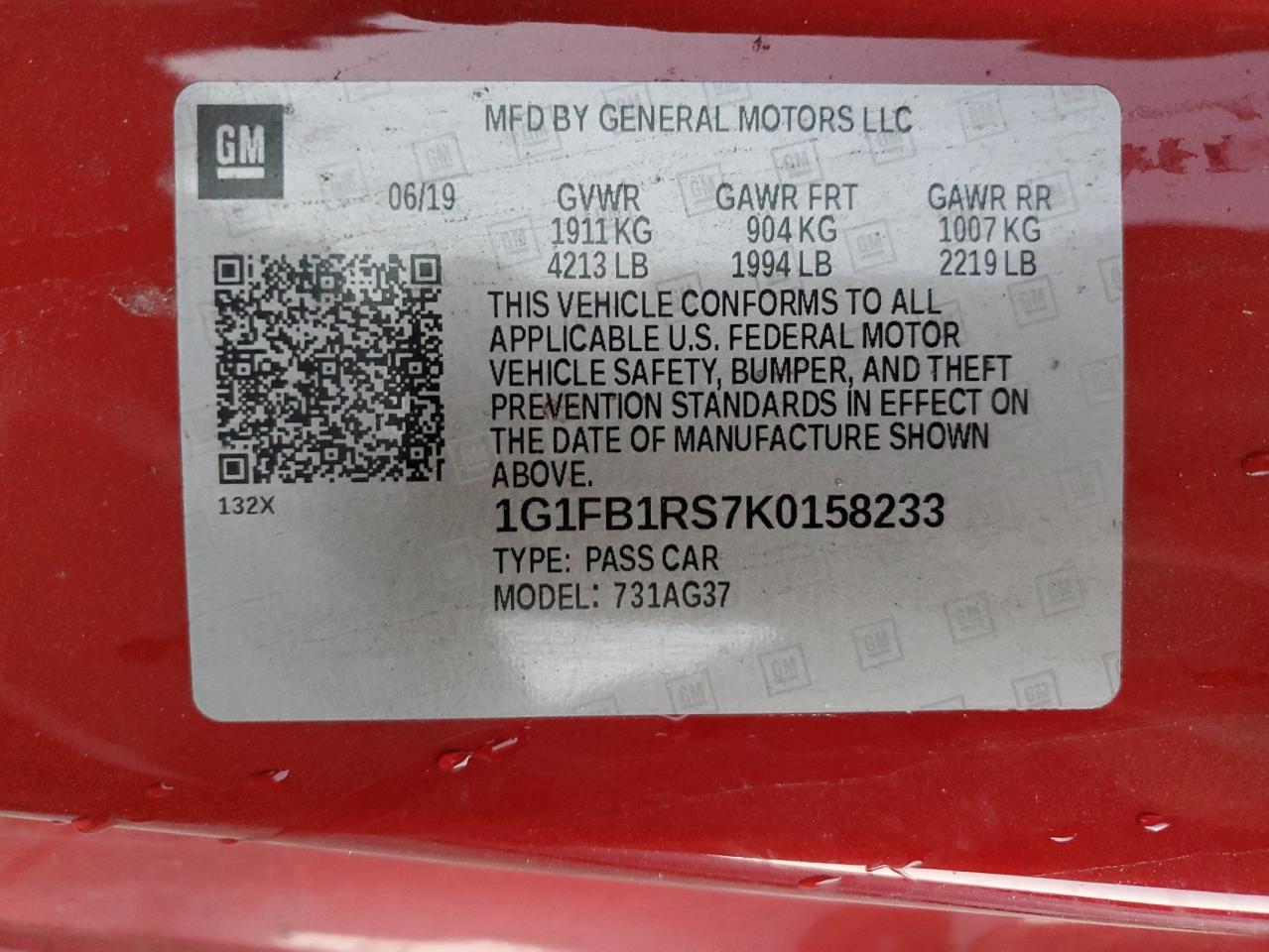 1G1FB1RS7K0158233 2019 Chevrolet Camaro Ls