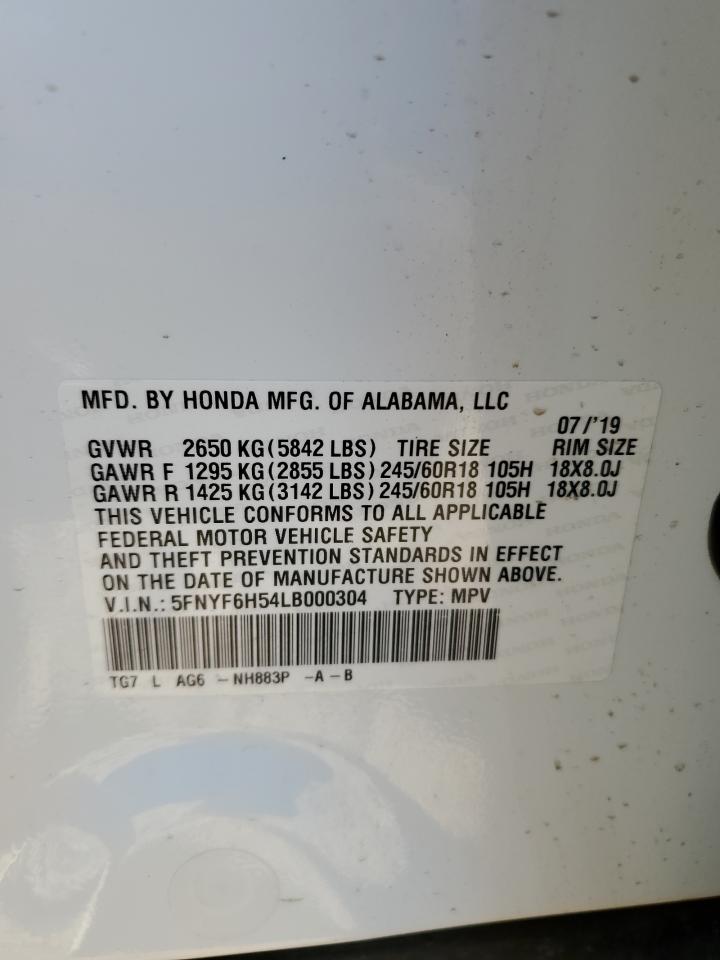 2020 Honda Pilot Exl VIN: 5FNYF6H54LB000304 Lot: 74059374