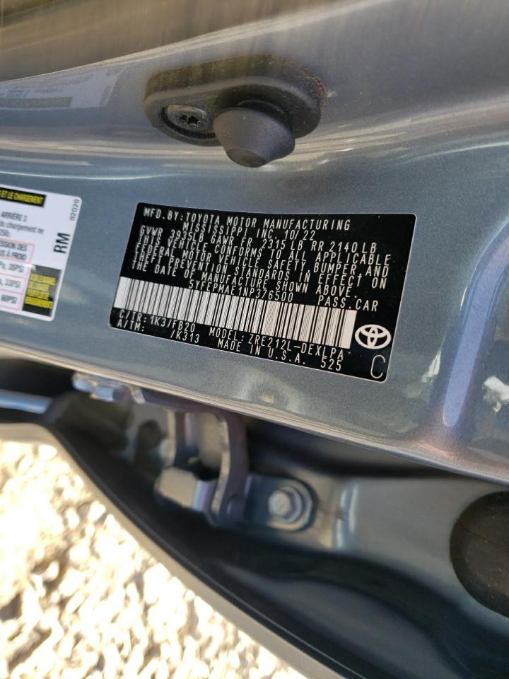 2022 Toyota Corolla Le VIN: 5YFEPMAE1NP376500 Lot: 78015554