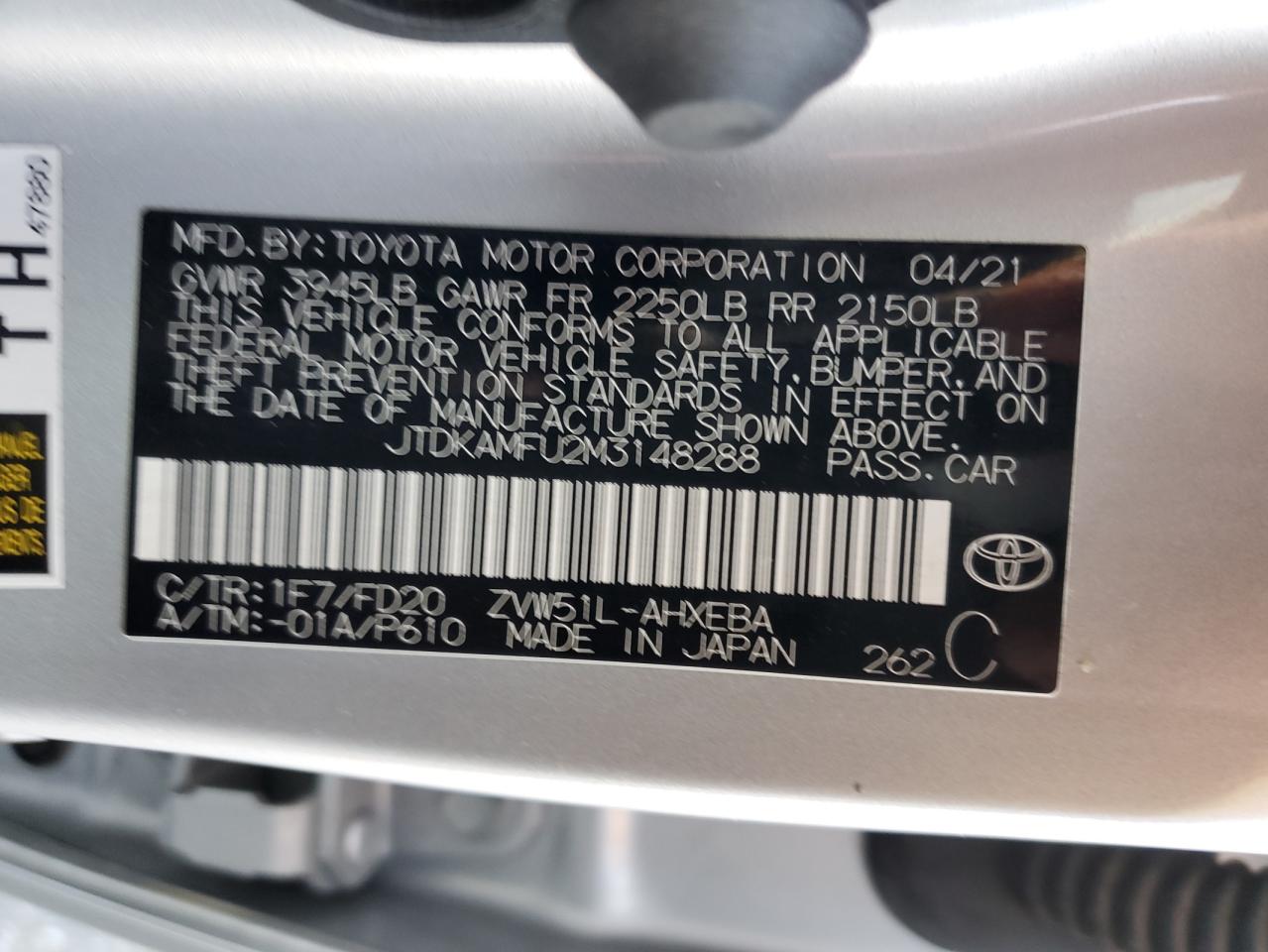 2021 Toyota Prius Special Edition VIN: JTDKAMFU2M3148288 Lot: 78341994