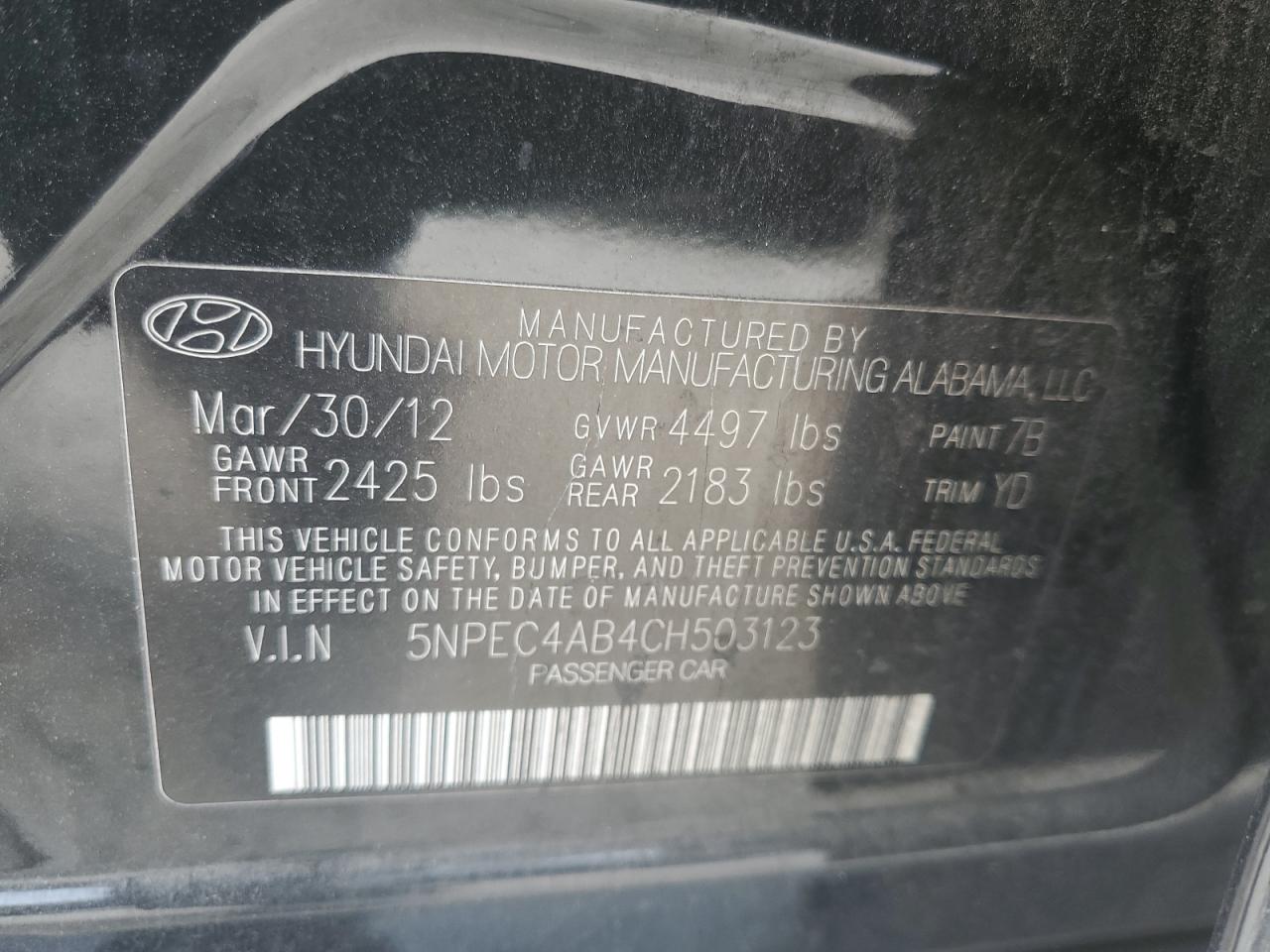 5NPEC4AB4CH503123 2012 Hyundai Sonata Se