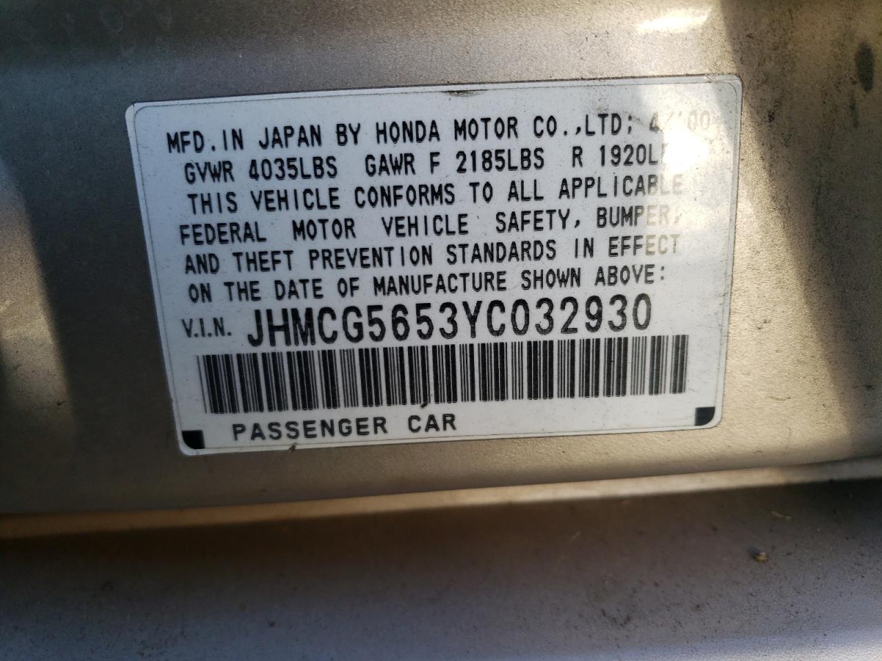 2000 Honda Accord Ex VIN: JHMCG5653YC032930 Lot: 78542844