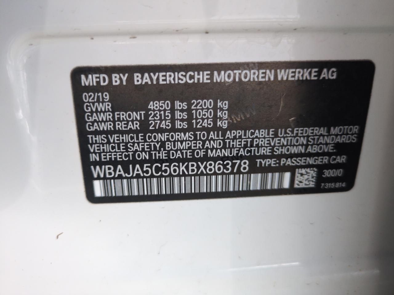 WBAJA5C56KBX86378 2019 BMW 530 I