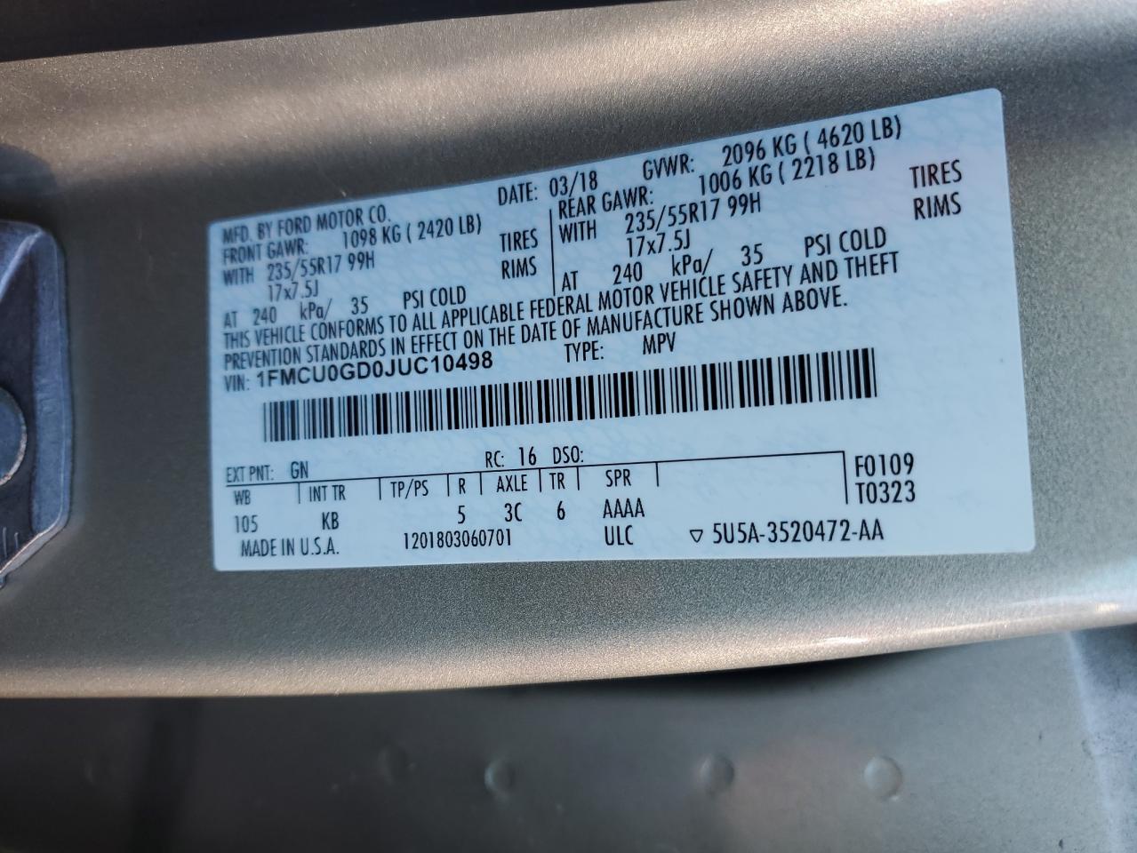 1FMCU0GD0JU40498 2018 Ford Escape Se