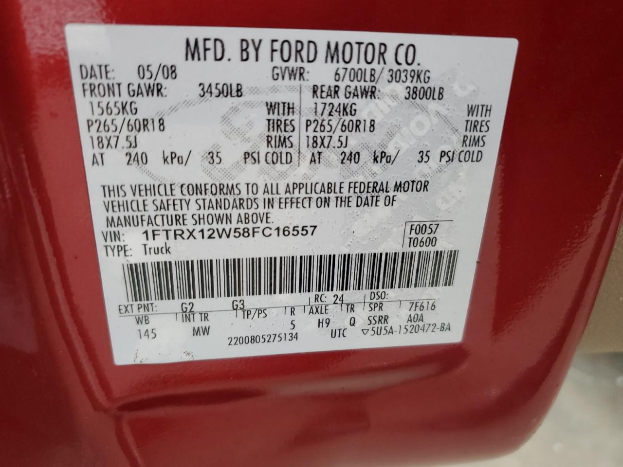 1FTRX12W58FC16557 2008 Ford F150