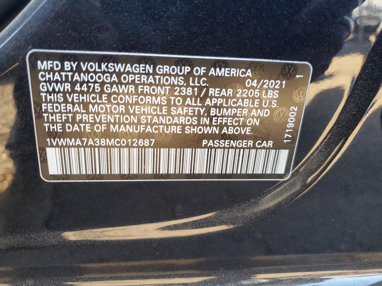 1VWMA7A38MC012687 2021 Volkswagen Passat R-Line