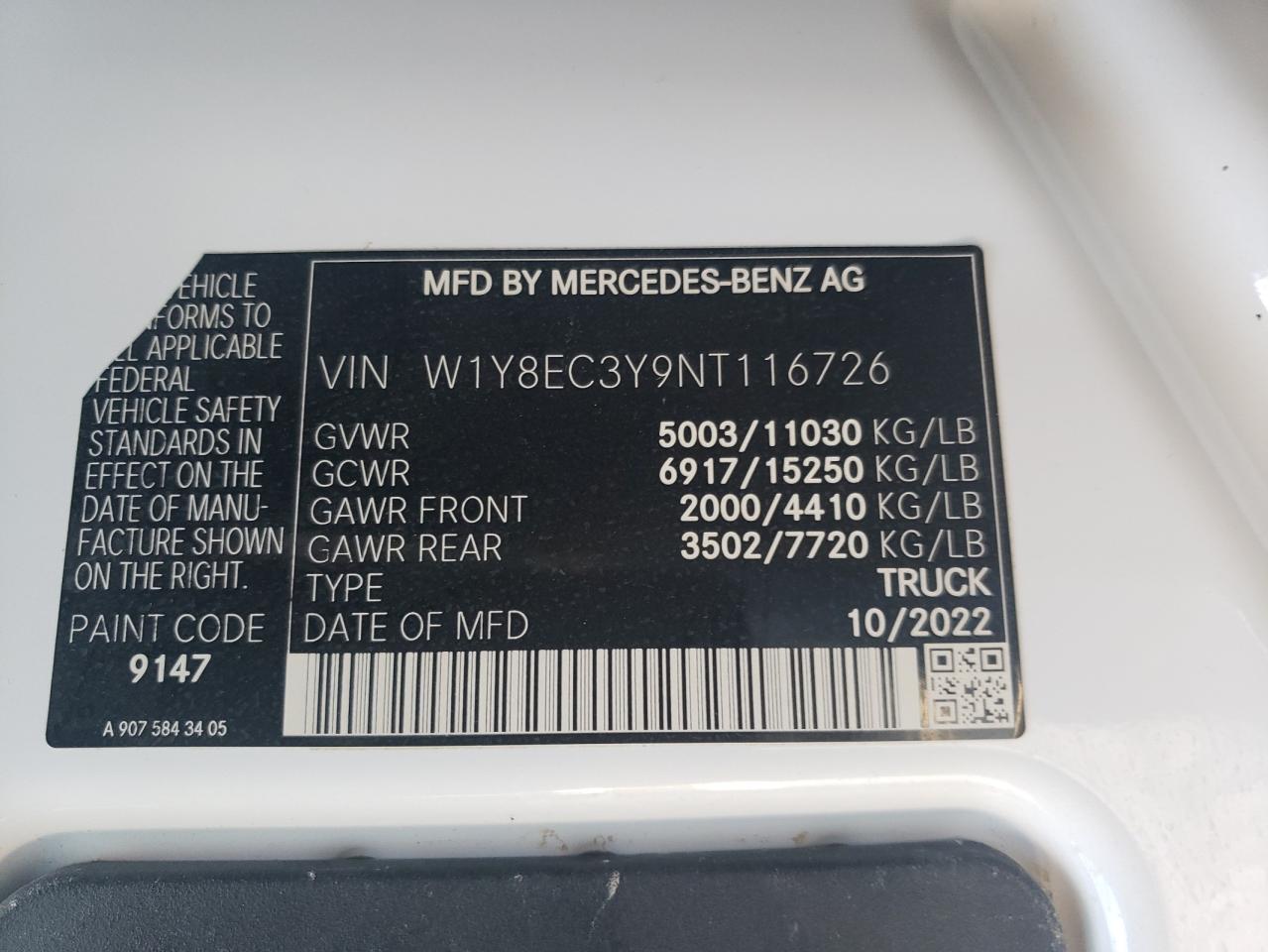 2022 Mercedes-Benz Sprinter 3500 VIN: W1Y8EC3Y9NT116726 Lot: 78440014