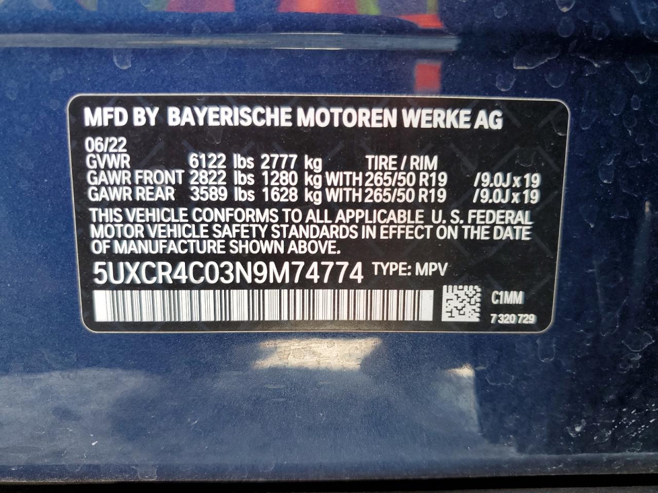 2022 BMW X5 Sdrive 40I VIN: 5UXCR4C03N9M74774 Lot: 73470744