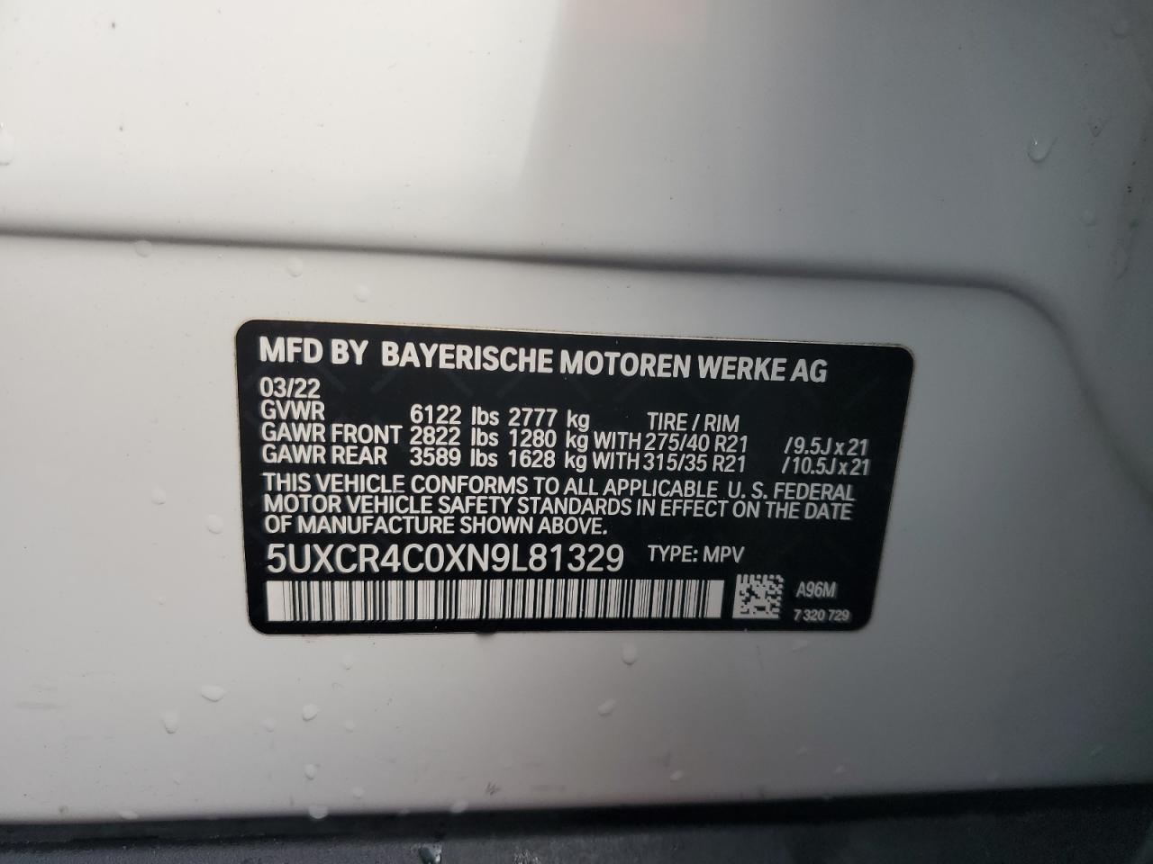 2022 BMW X5 Sdrive 40I VIN: 5UXCR4C0XN9L81329 Lot: 74680244