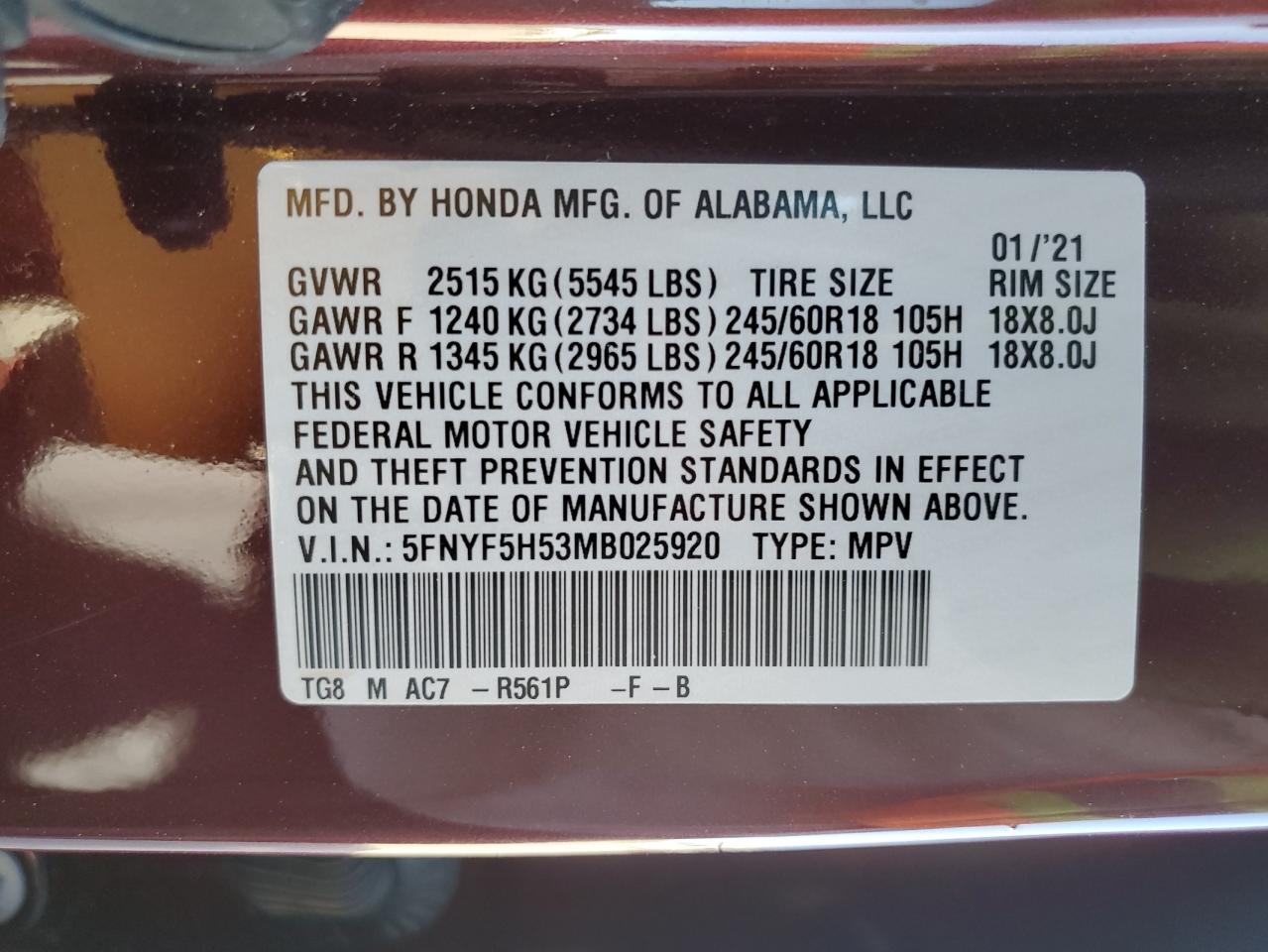 5FNYF5H53MB025920 2021 Honda Pilot Exl