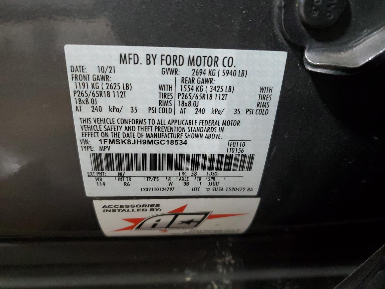 2021 Ford Explorer Timberline VIN: 1FMSK8JH9MGC18534 Lot: 76702734