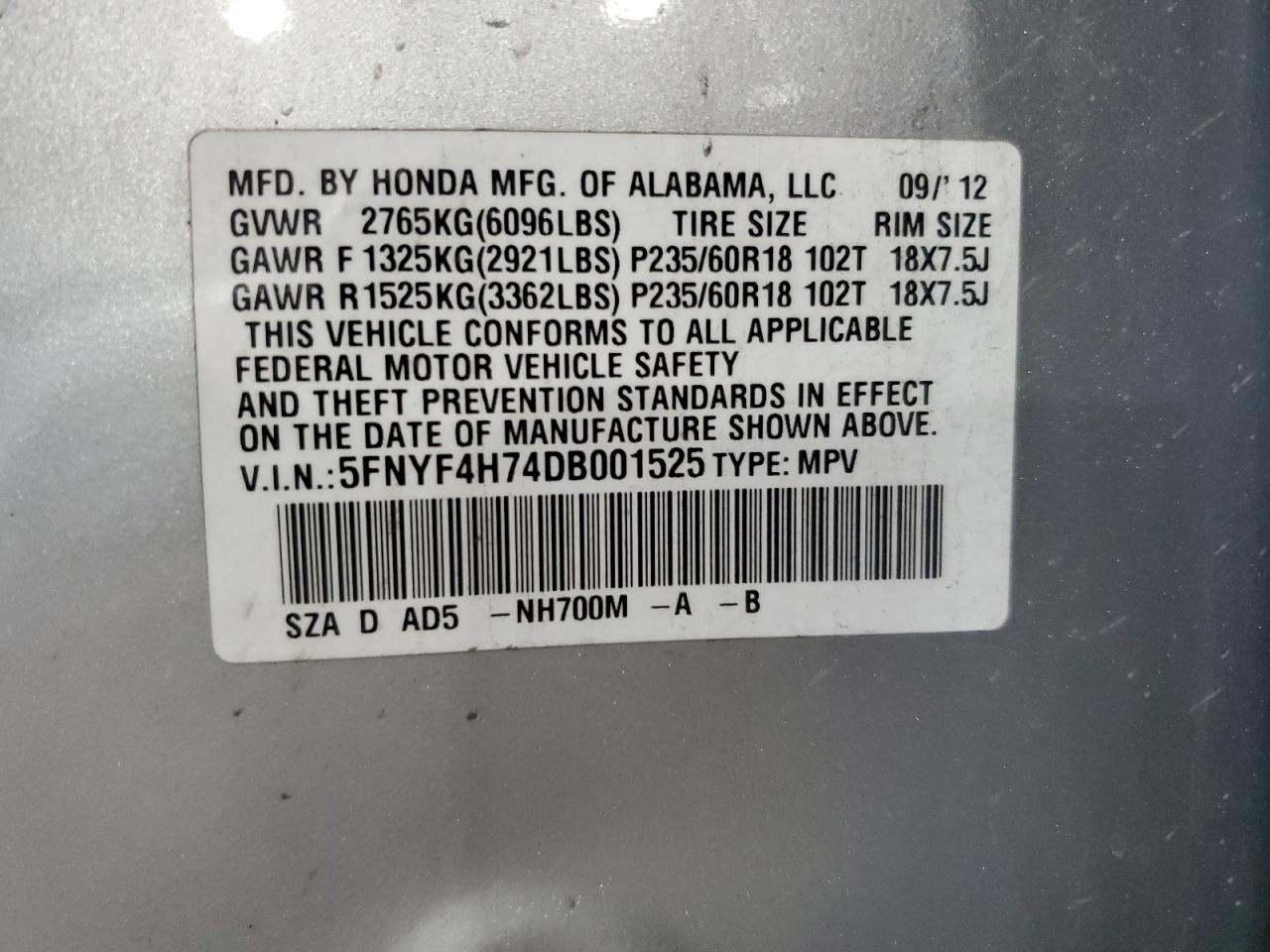 5FNYF4H74DB001525 2013 Honda Pilot Exln