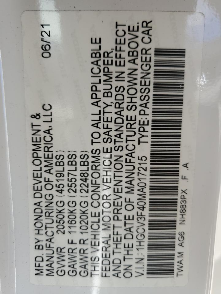 2021 Honda Accord Hybrid Ex VIN: 1HGCV3F40MA017215 Lot: 75002974