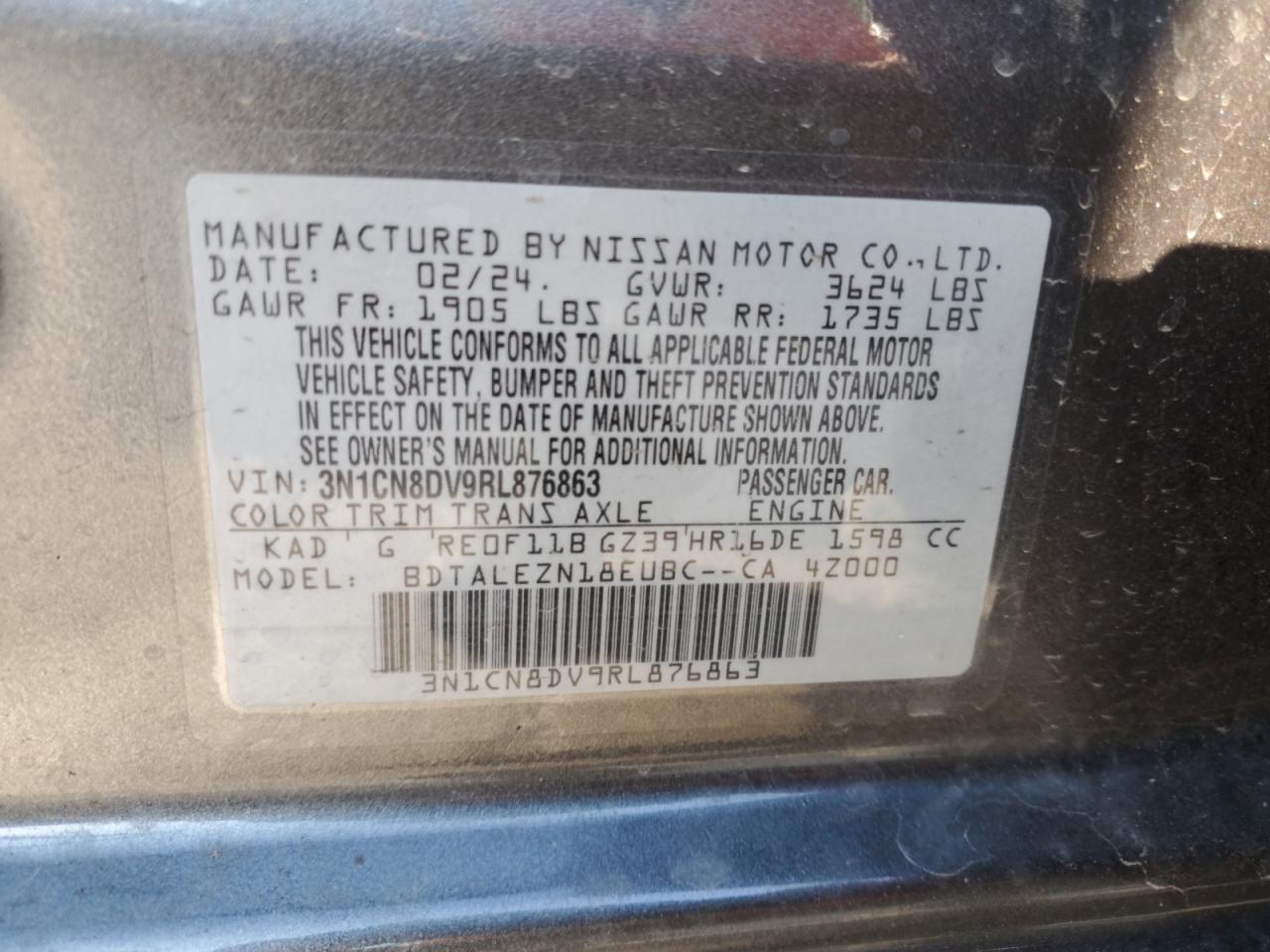 2024 Nissan Versa S VIN: 3N1CN8DV9RL876863 Lot: 77377674