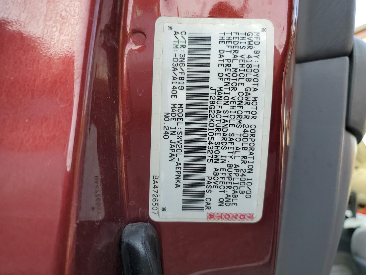 JT2BG22K010543275 2001 Toyota Camry Ce