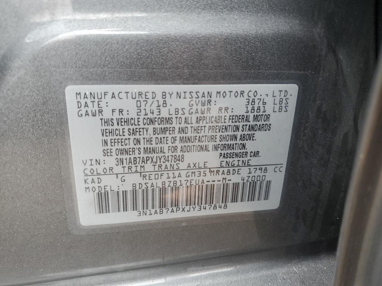 3N1AB7APXJY347848 2018 Nissan Sentra S