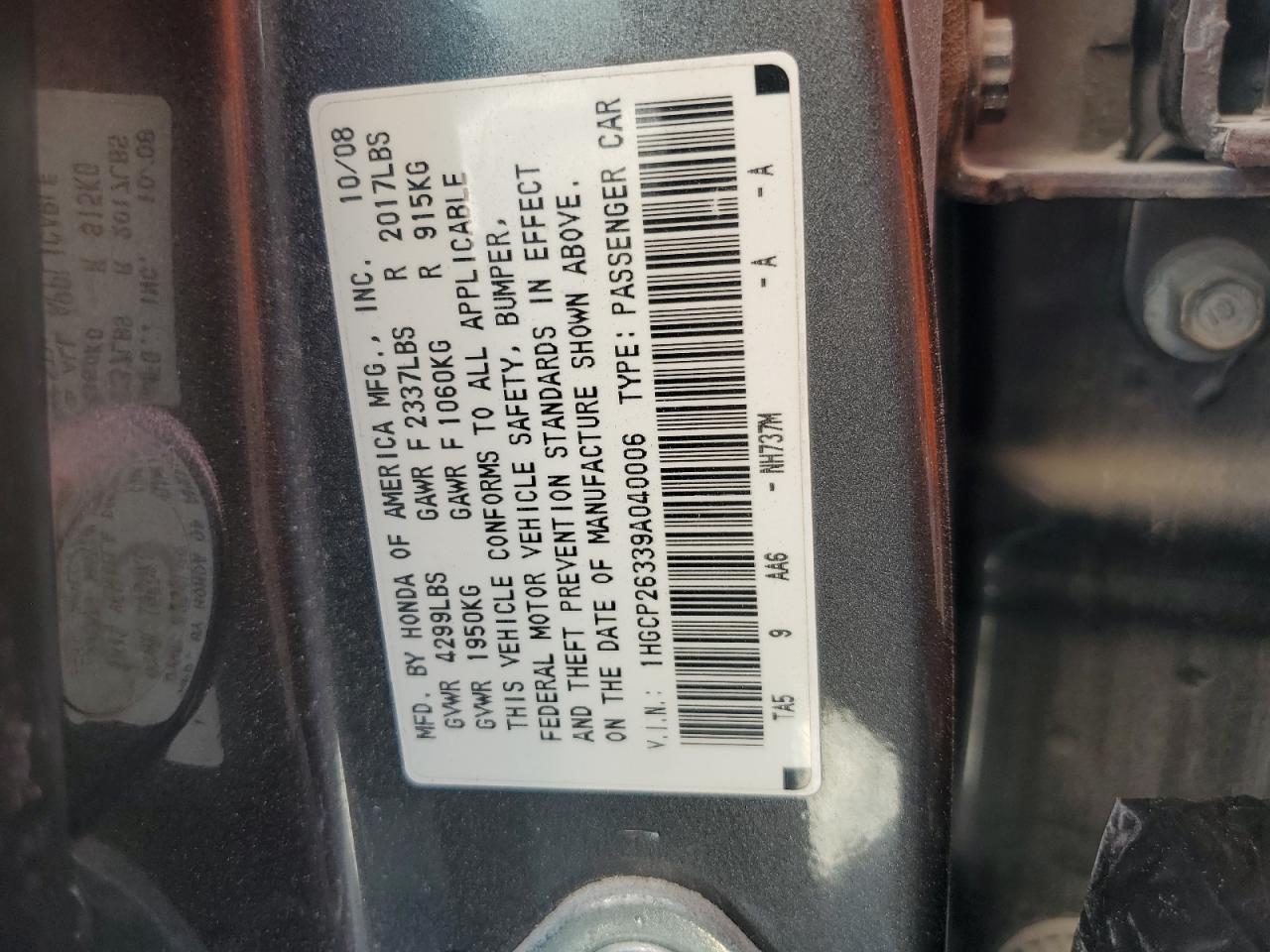 1HGCP26339A040006 2009 Honda Accord Lx