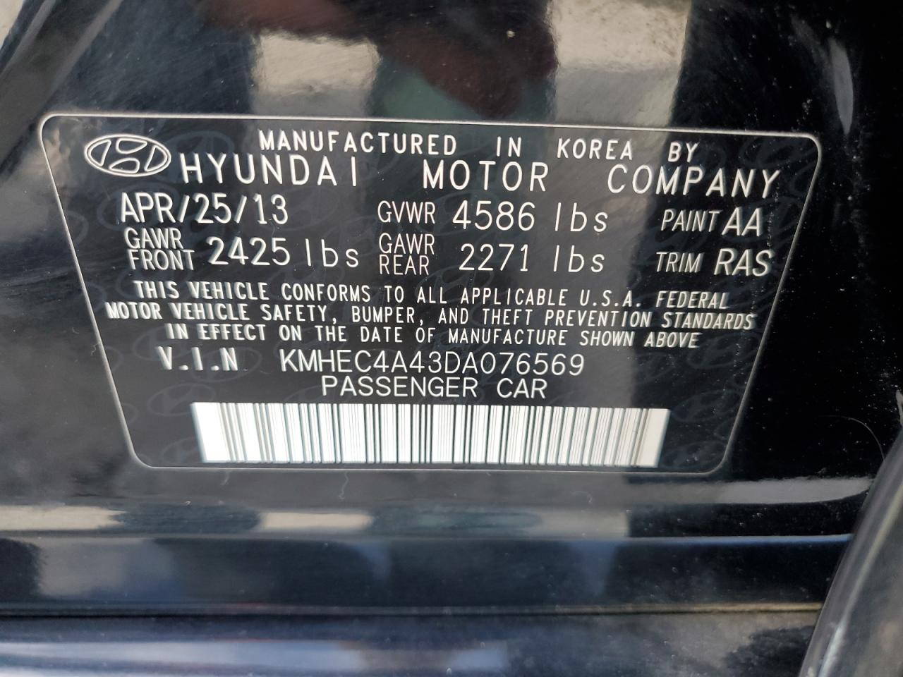 2013 Hyundai Sonata Hybrid VIN: KMHEC4A43DA076569 Lot: 77316464