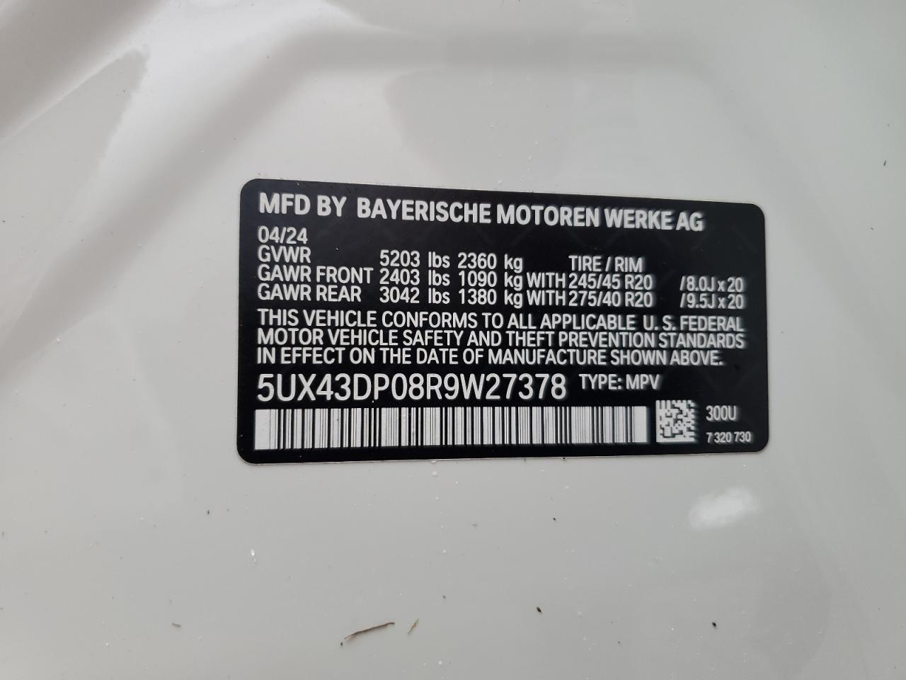 5UX43DP08R9W27378 2024 BMW X3 Sdrive30I