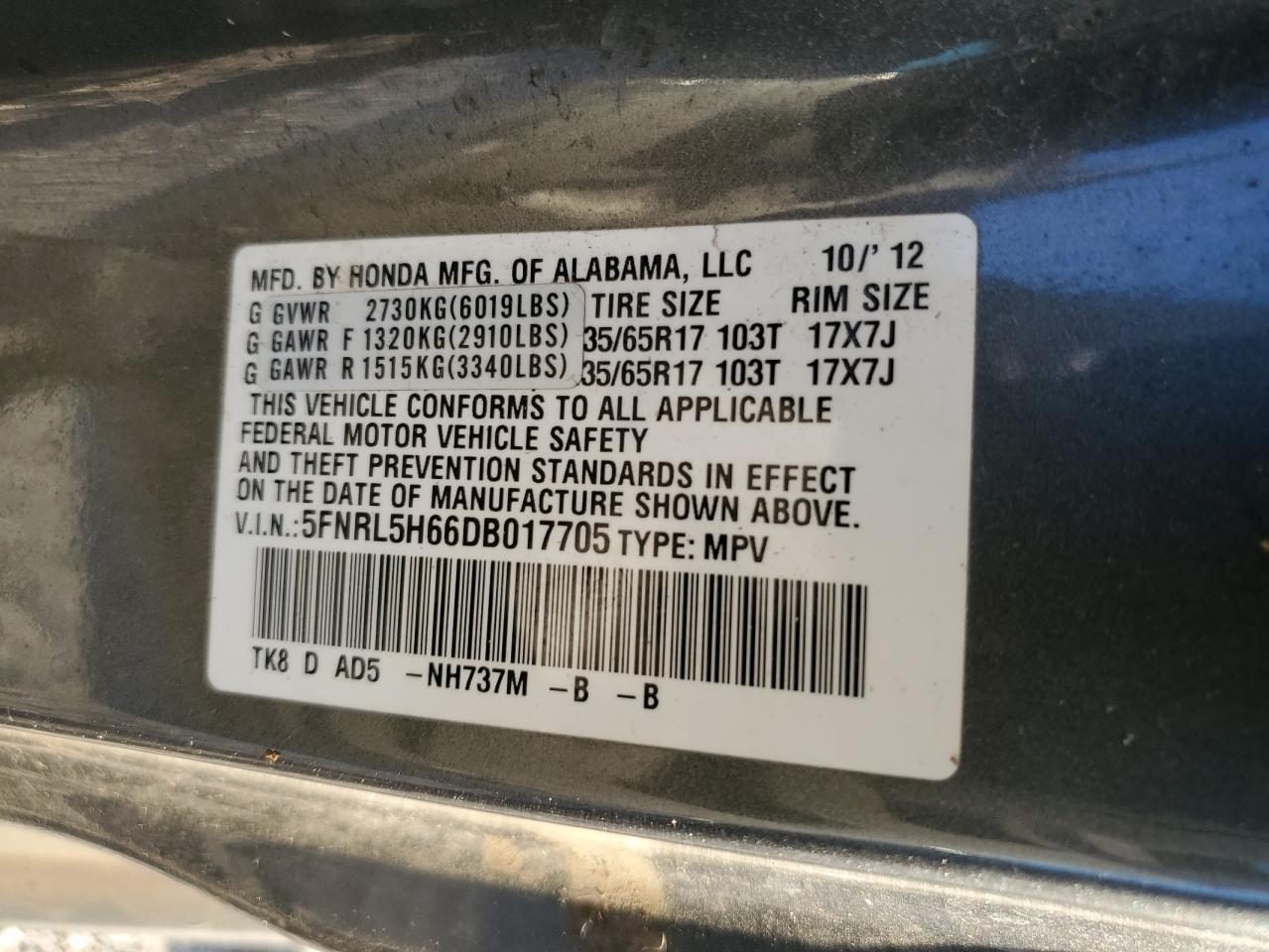 5FNRL5H66DB017705 2013 Honda Odyssey Exl