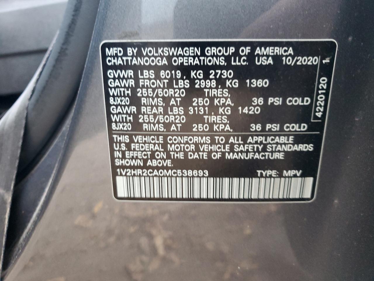 2021 Volkswagen Atlas Se VIN: 1V2HR2CA0MC538693 Lot: 76483774