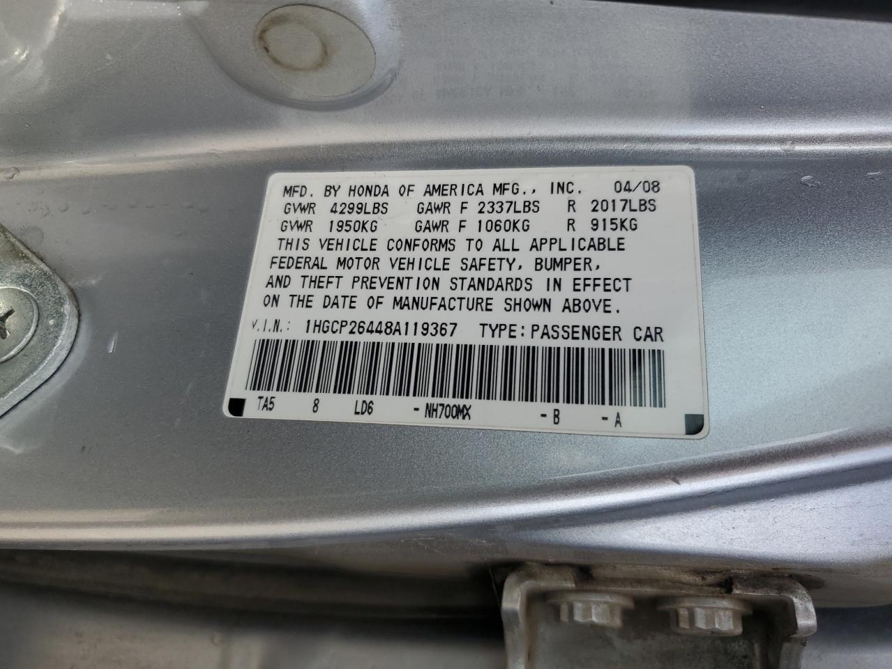 1HGCP26448A119367 2008 Honda Accord Lxp