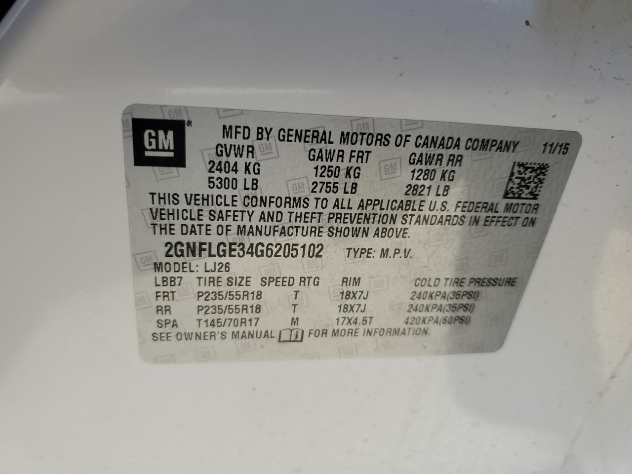 2GNFLGE34G6205102 2016 Chevrolet Equinox Ltz